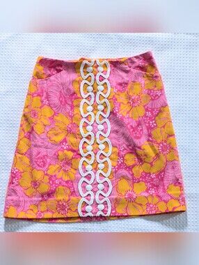 Lilly Pulitzer Pink and Yellow Elephant Floral Mini Skirt with White Embroidery